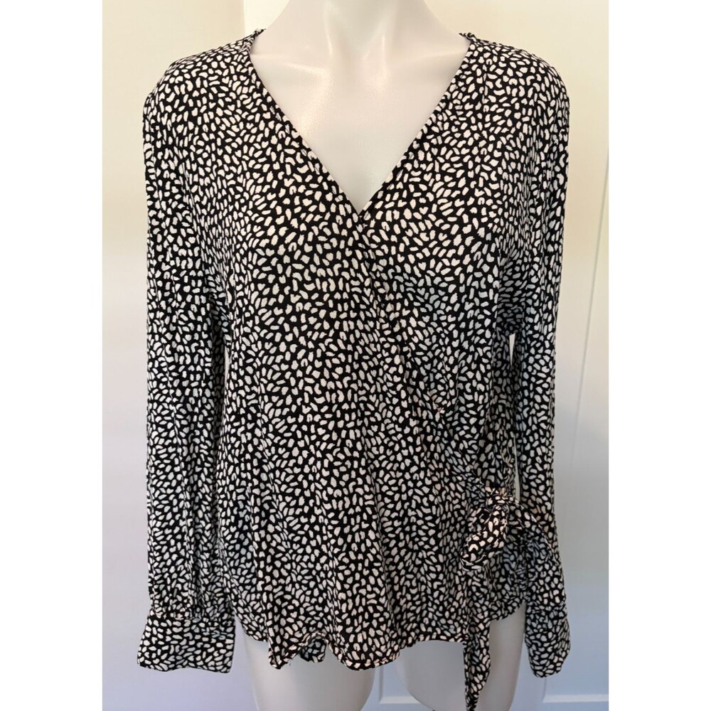 Talbots Womens Faux Wrap TOP Long Sleeve Black White Spots Size L